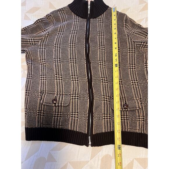Lauren Ralph Lauren Brown Tan Houndstooth Plaid 100% Cotton Knit Zip Jacket XL - Picture 10 of 10